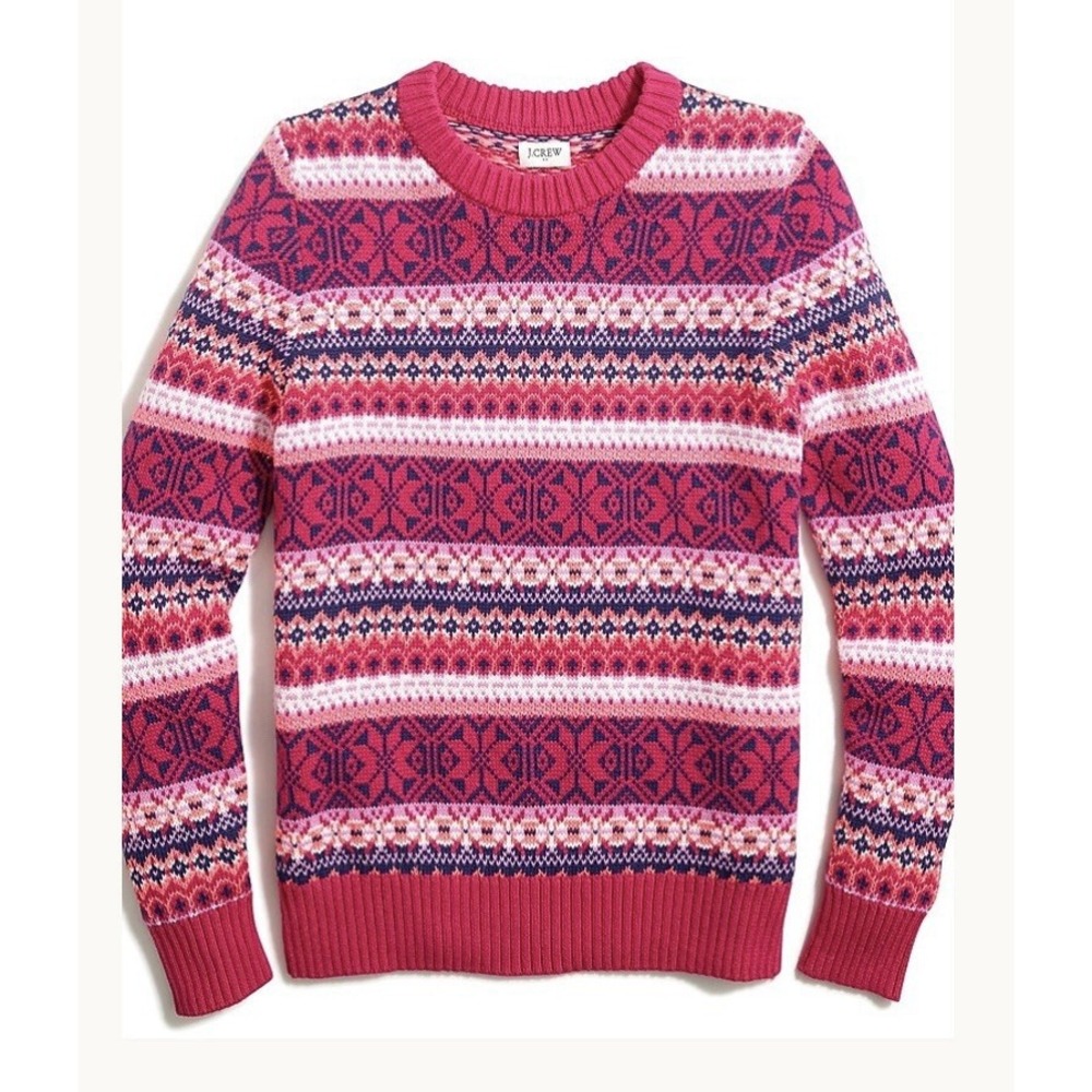 J. Crew Pink & Navy Fair Isle Crew Neck Sweater